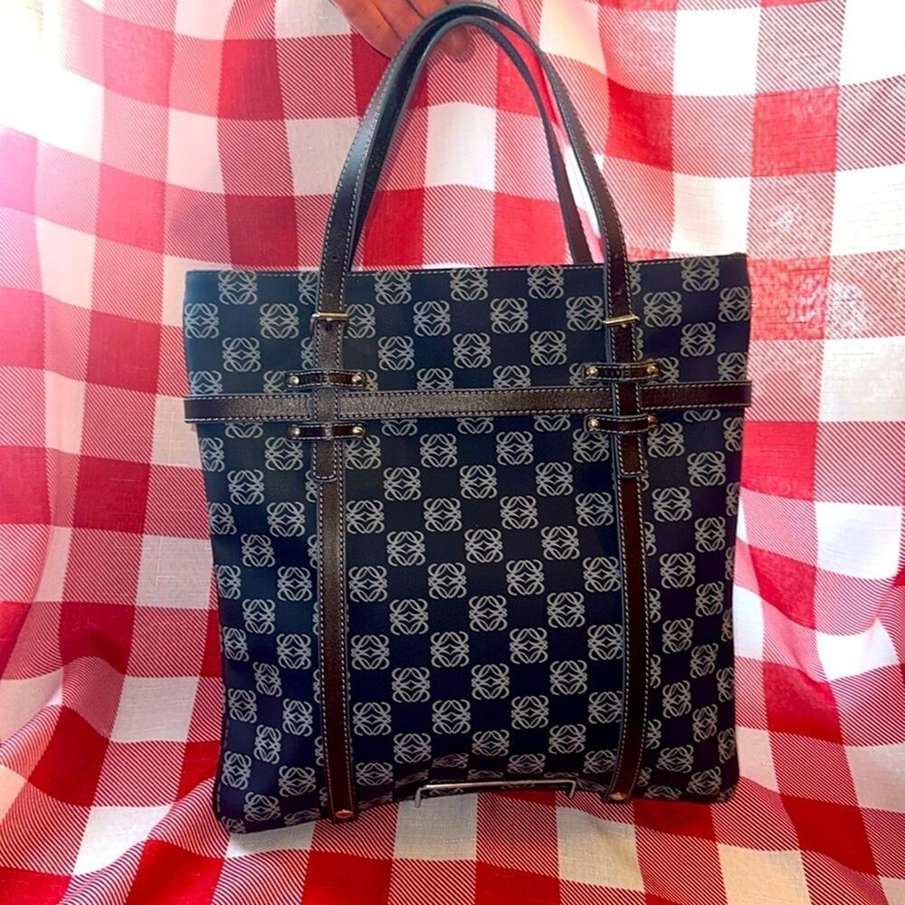 LOEWE Anagram tote bag handbag PVC leather navy light blue dark brown Rare - Picture 2 of 16